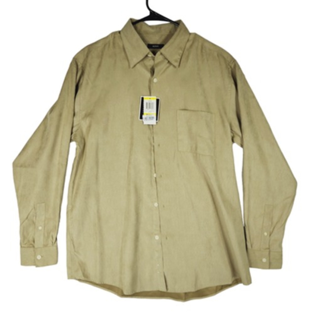 Alfani Button Up Shirt sz M Men Brushed Microsuede Beige Green‎ Long Sleeve NEW